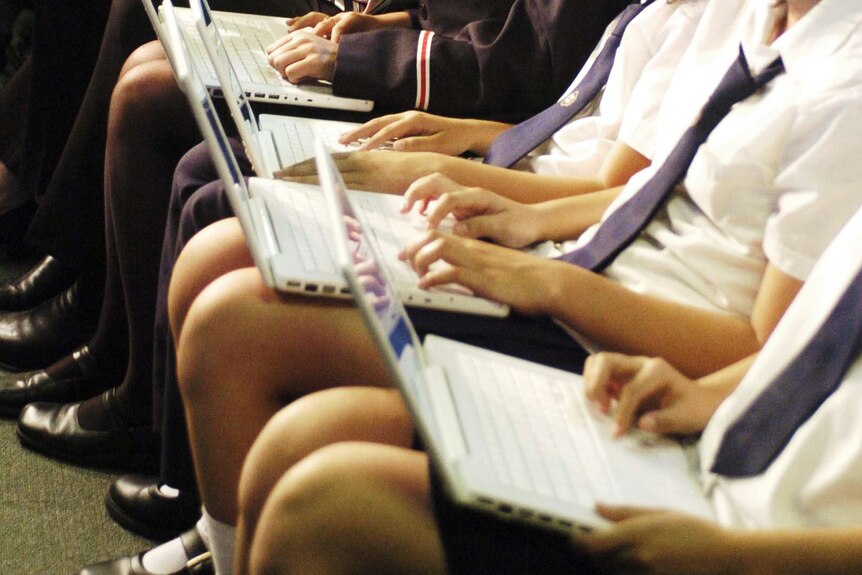 a group of students on their laptops at school