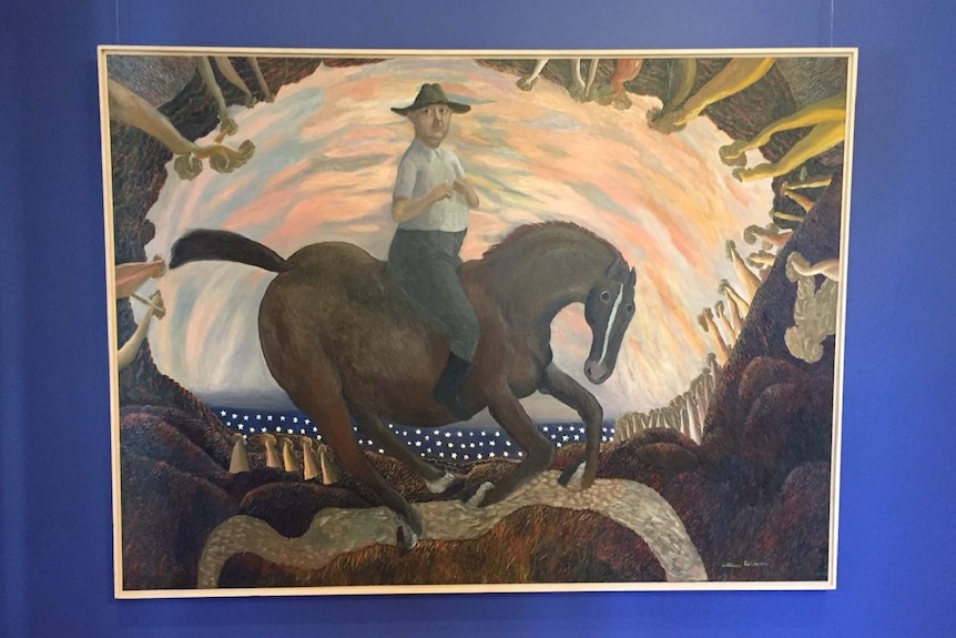 A portrait of a man riding a horse