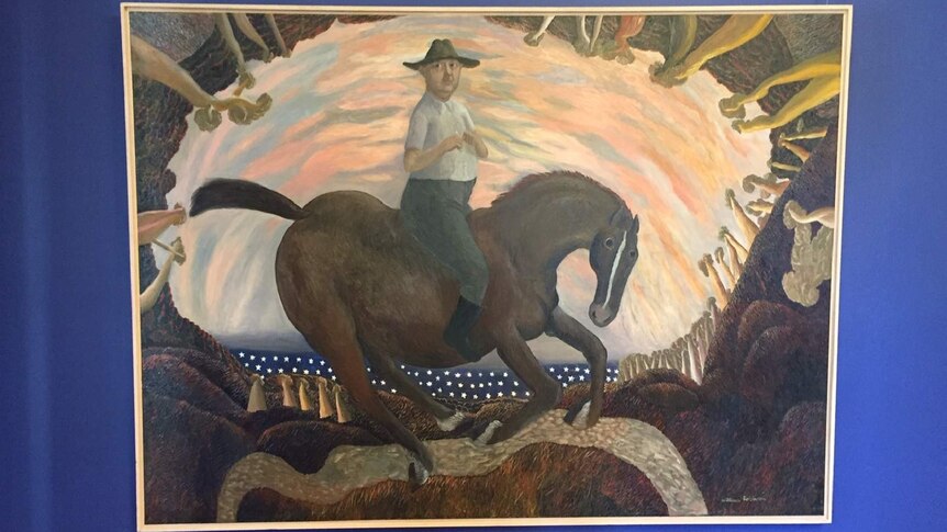 A portrait of a man riding a horse