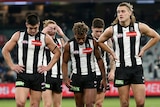 A group of Collingwood AFL players walk off the MCG.