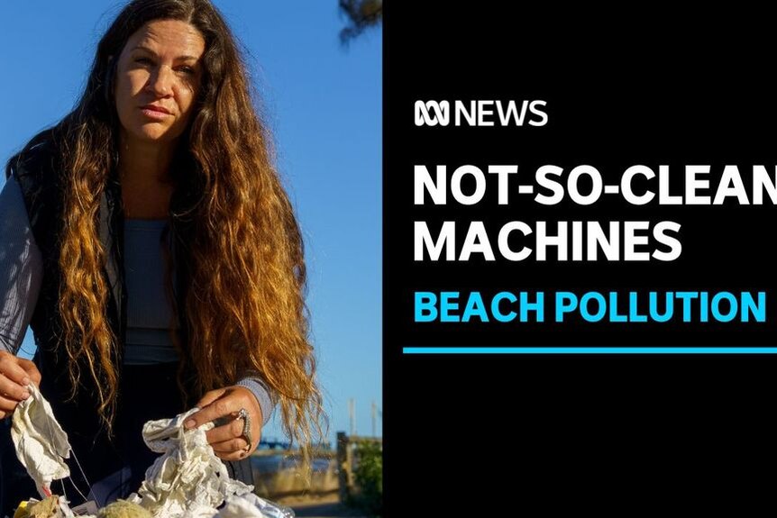 Not-so-clean Machines, Beach Pollution: Woman with very long wavy hair looks at camera holding rubbish collected on beach.