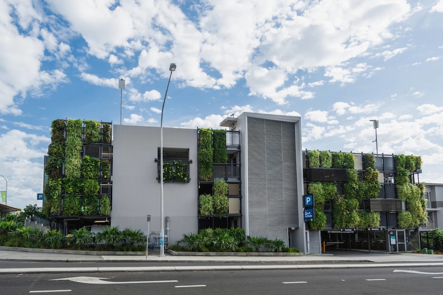 A car park with greenery covering about half the outside walls. 