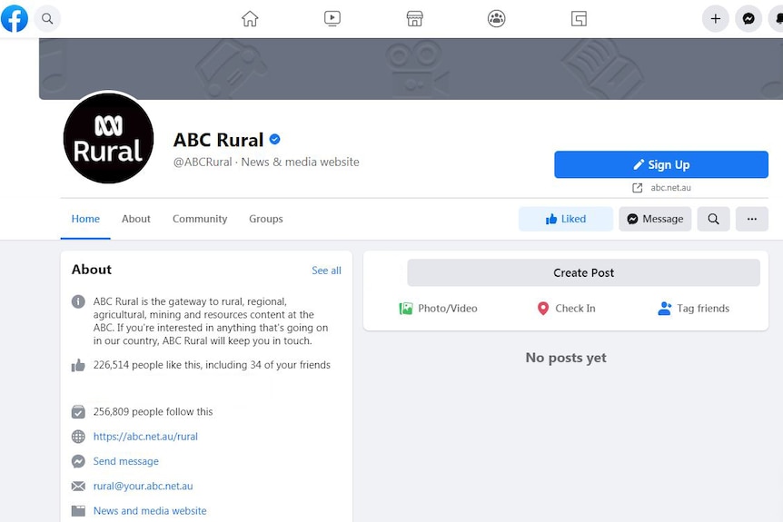 Screenshot of ABC Rural's FB page with grey background and no posts showing