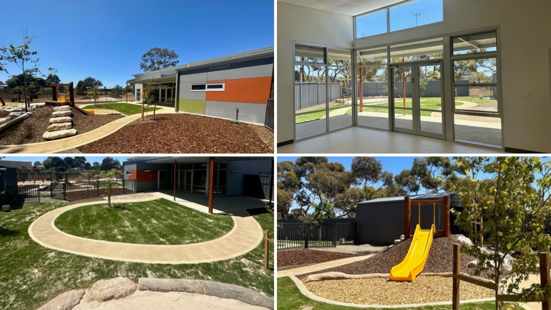 Four photos showing the new childcare centre from inside and outside