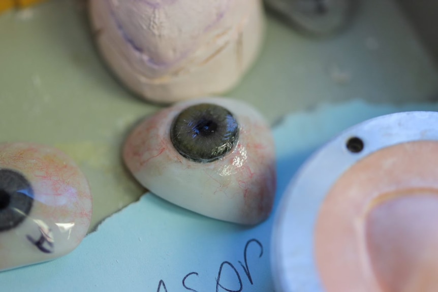 A close-up of a prosthetic eye