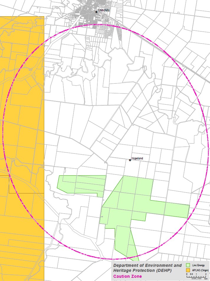 Map showing proposed Origin Energy CSG drilling in Chinchilla caution zone.