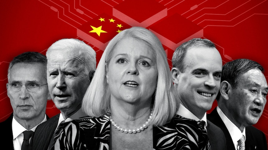 A graphic of different world leaders overlaid on a computer motherboard edited to resemble the Chinese flag.
