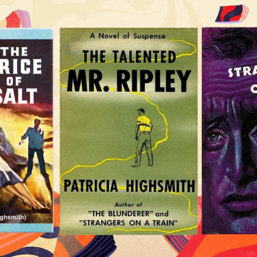 three vintage book covers from the 1950s, showing the work of Patricia Highsmith