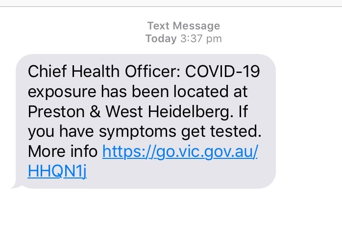 A screenshot of a text message on an iPhone telling people there has been COVID-19 exposure at Preston and West Heidelberg.