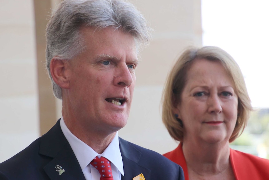 WA Road Safety Commissioner Iain Cameron, with Police and Road Safety Minister Michelle Roberts in the background