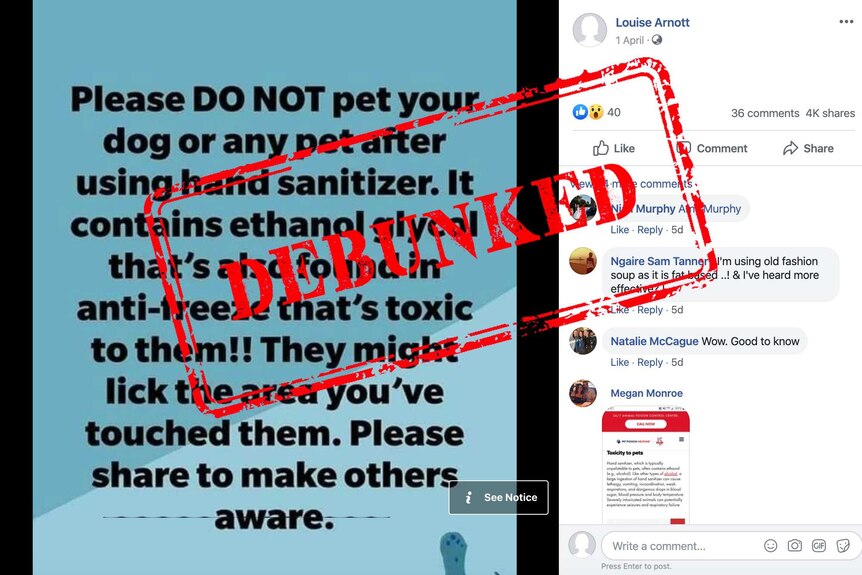 Facebook post claiming humans using hand sanitiser is dangerous for pets with a large debunked stamp on top