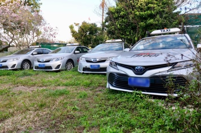 four empty taxis parked on a grass area