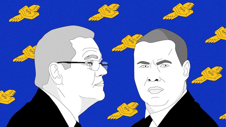 Illustration with blue background and flying yellow money, featuring SCott Morrison and Josh Frydenberg.