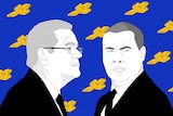 Illustration with blue background and flying yellow money, featuring Scott Morrison and Josh Frydenberg.