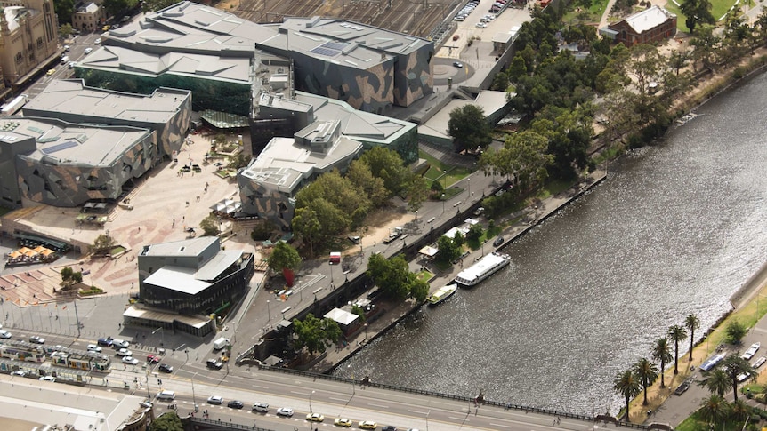 An aerial view of Federation Square and the Yarra River.