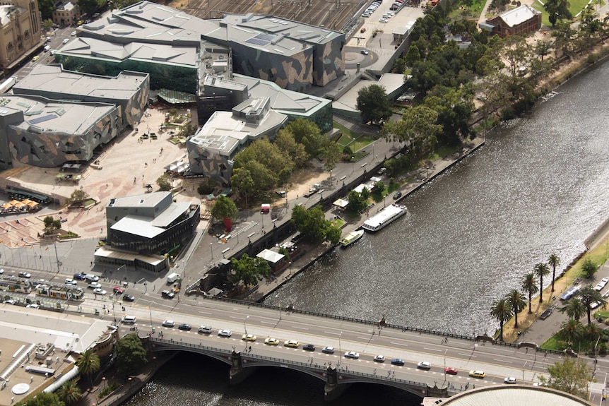 An aerial view of Federation Square and the Yarra River.