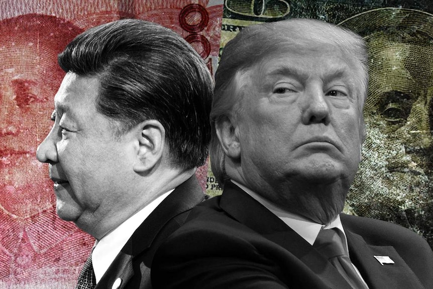 A graphic image of President Xi and President Trump in front of picture of the Chinese and US national currency.