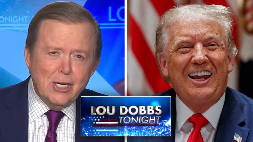Lou Dobbs in a suit and tie next to an image of former president donald trump smiling