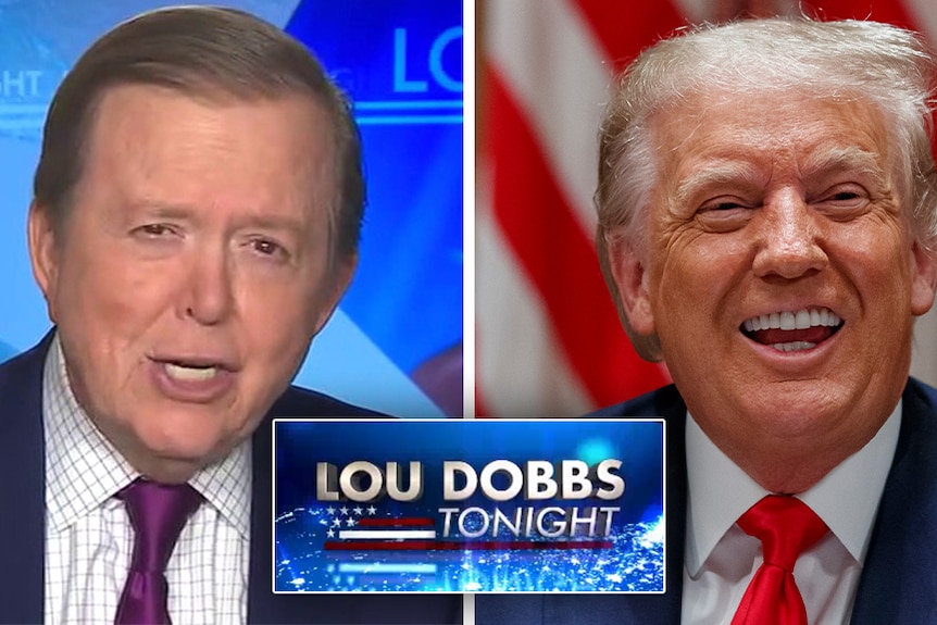 Lou Dobbs in a suit and tie next to an image of former president donald trump smiling