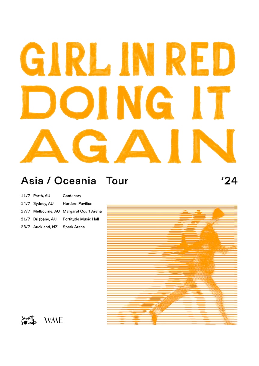 white and yellow poster for girlinred's 2024 australian tour with yellow and black text