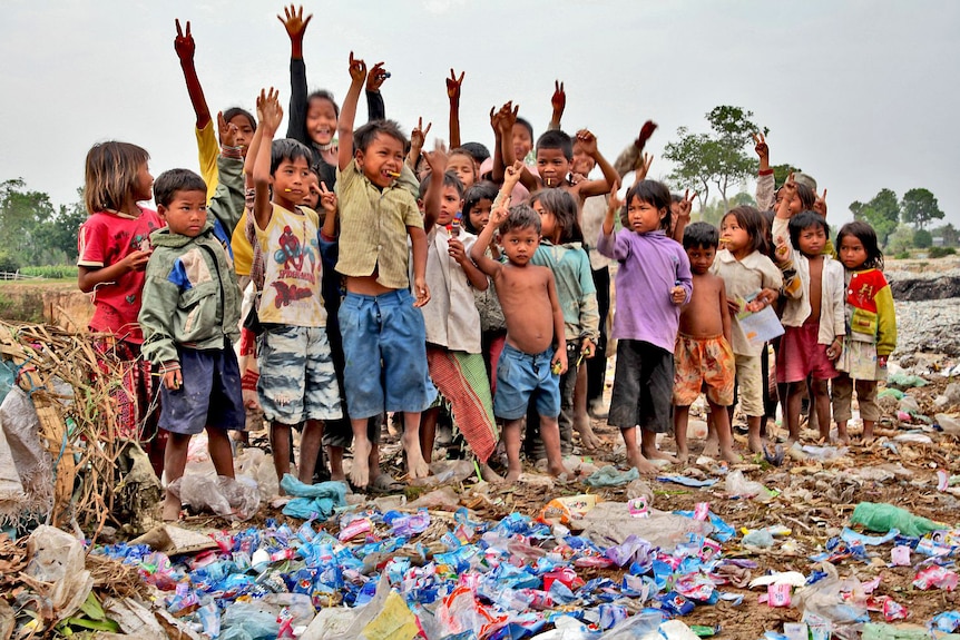 A group of children at a Cambodian rubbish dump in Siem Reap