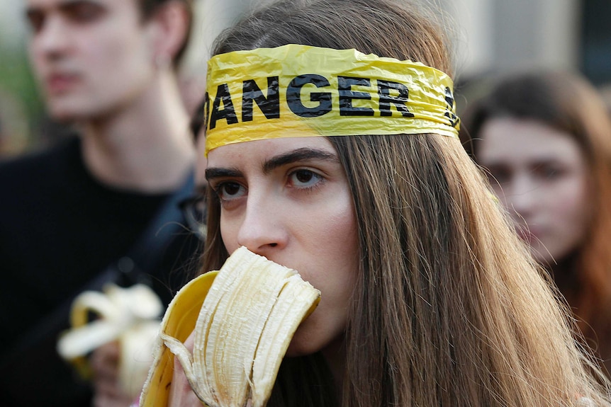 A woman eats a banana with yellow tape around her head reading: "Danger"