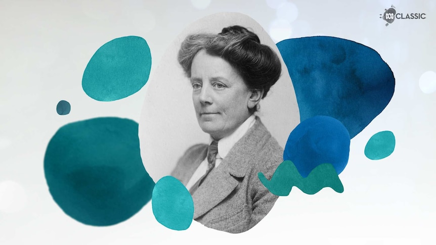 An image of composer Ethel Smyth with stylised musical notation overlayed in tones of teal.