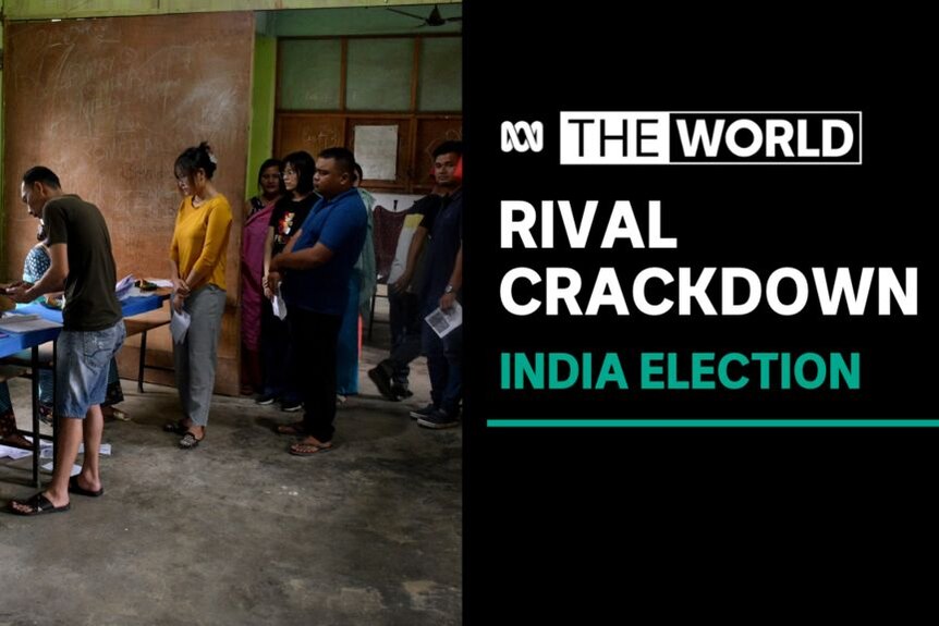 Rival Crackdown, India Election: Indian voters lineup in front of a desk.