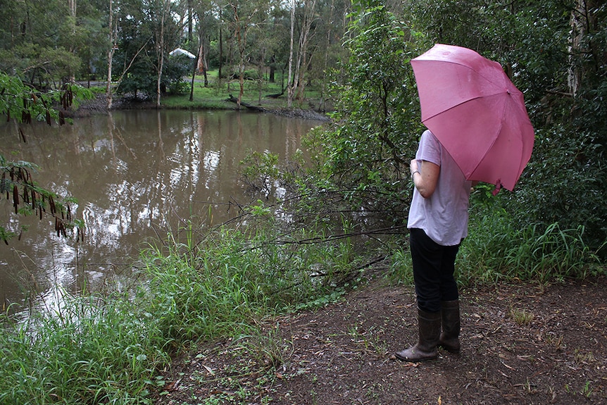 Barbara Rosenberg standing by a lagoon filled with brown water, holding a pink unbrella.