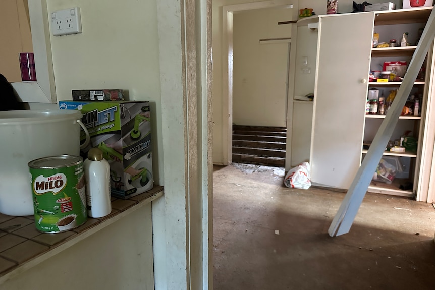 An empty kitchen has food items still in the open cupboards and a Milo tin on the bench  