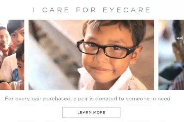 An advertisement featuring children and an old man wearing glasses