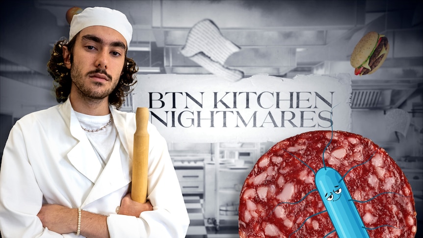 Alex dressed as a chef holds a rolling pin with a serious expression. BTN Kitchen Nightmares sign.
