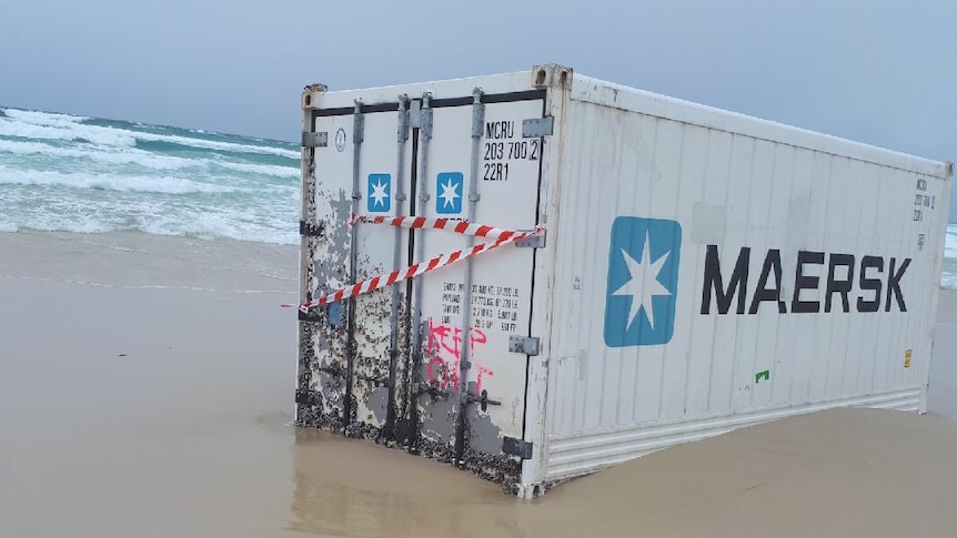 A shipping container washed up on Moreton Island