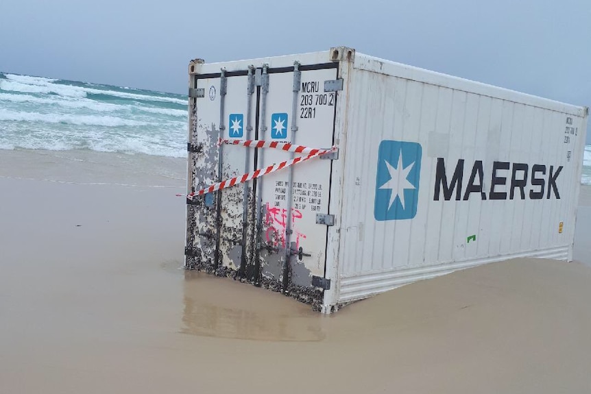 A shipping container washed up on Moreton Island