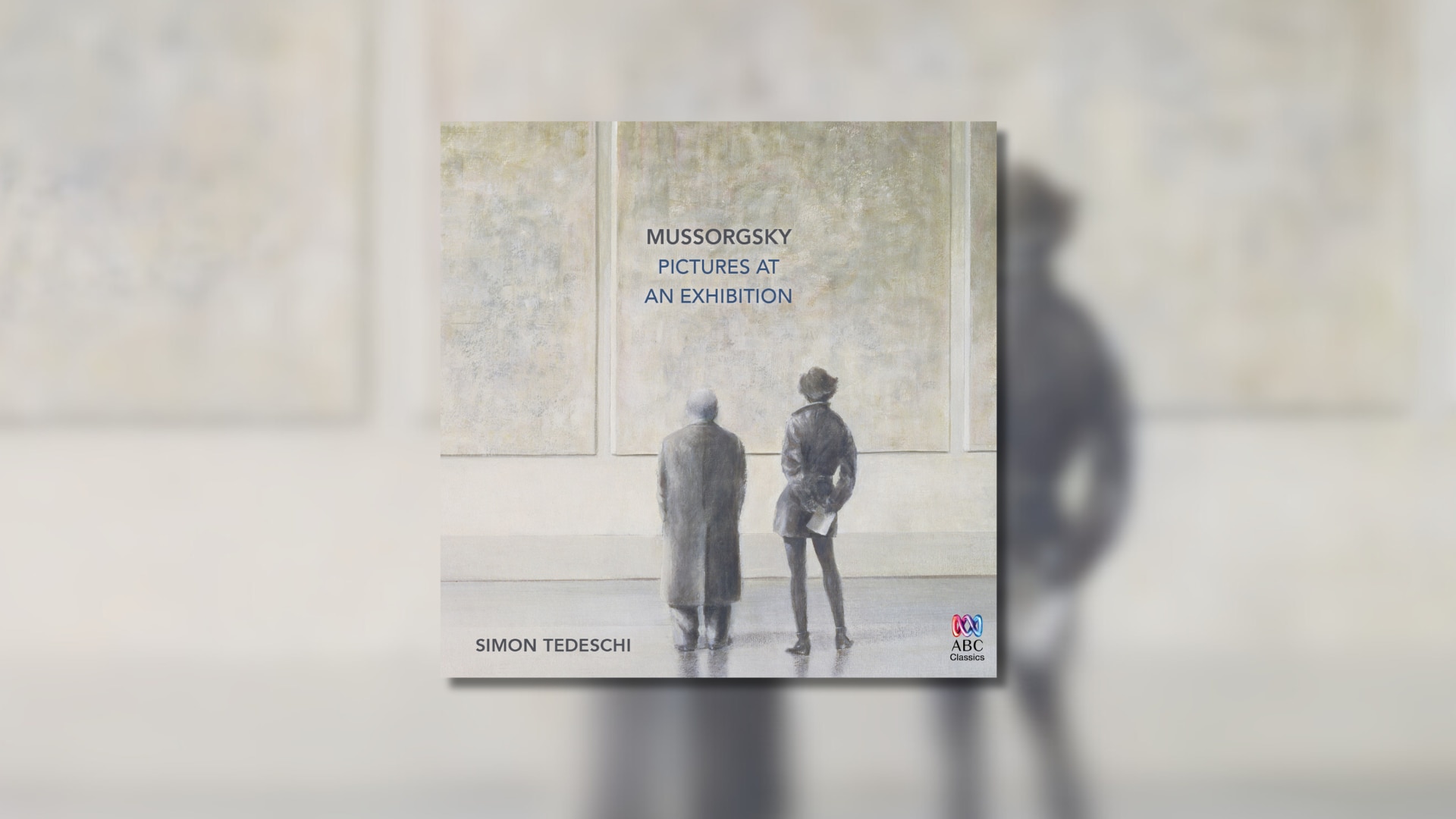 Two stylishly dressed art-lovers dressed in grey gazing at a large canvas of abstract cream and grey tones.