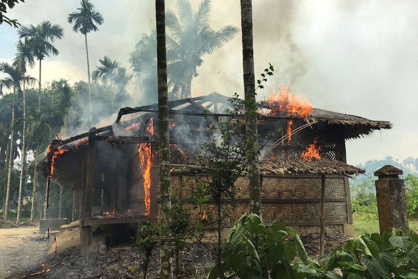 A house is engulfed in flames.