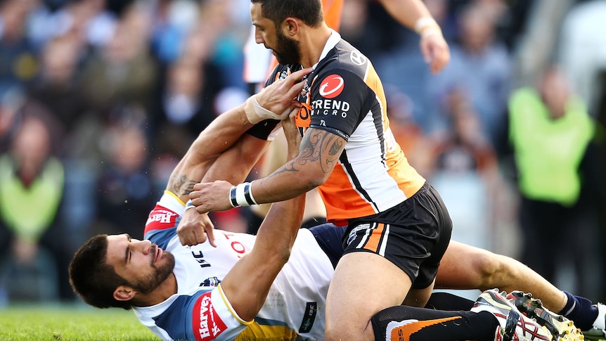 James Tamou had to deal with an angry Benji Marshall after the late hit.