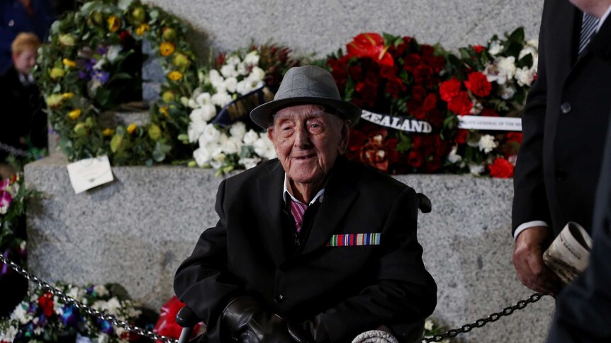 Ninety-six-year-old WWII veteran Bob Morrison after the Anzac Day dawn service in Sydney, Saturday, April 25, 2015.