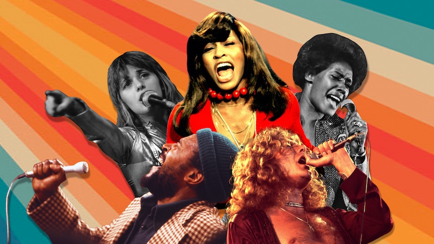collage image of Marvin Gaye, Tina Turner, Ann Peebles, Robert Plant and Suzi Quattro on a a colourful striped background