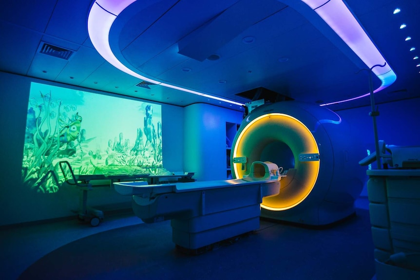 The mock MRI stands ready with underwater theme