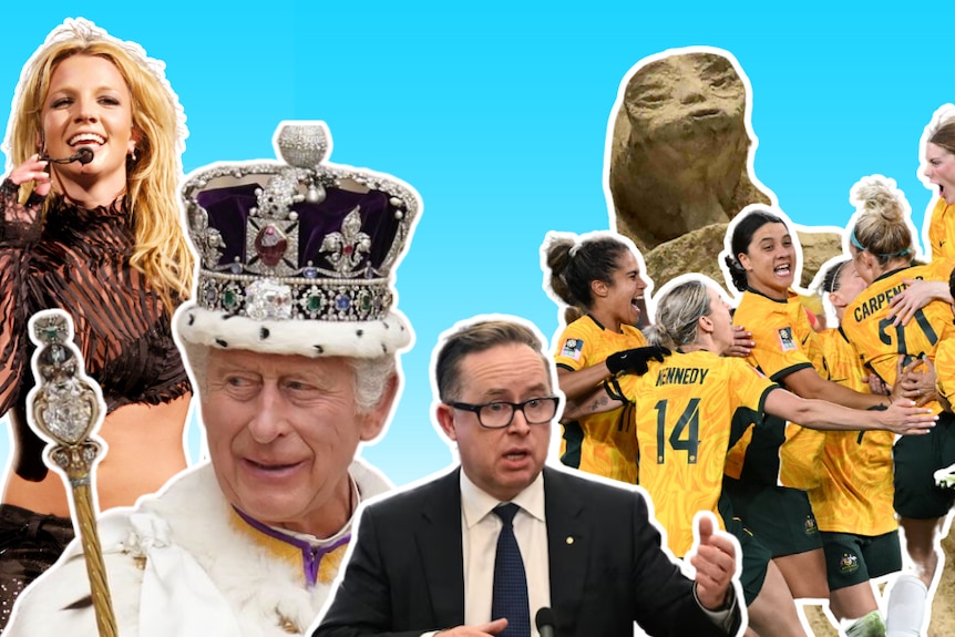cut outs of Britney SPears, King CHarles, Alan Joyce and the Matildas on a blue background 