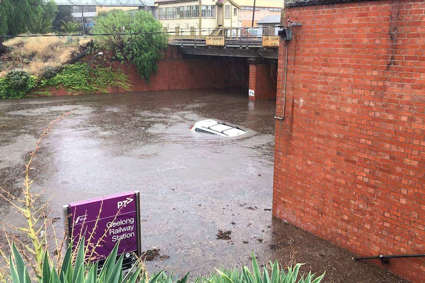 A car underwater at Geelong Railway Station.