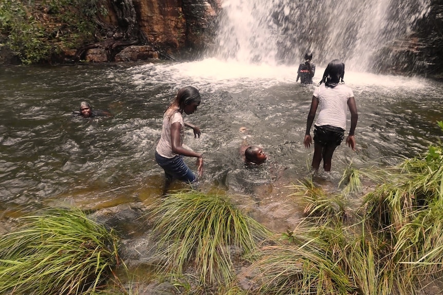 Students swim in a waterfall. 