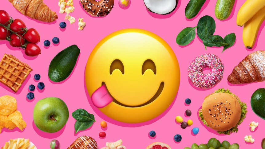 A graphic image shows an emoji face licking its lips surrounded by different foods including fruits, vegetables, chips, burgers