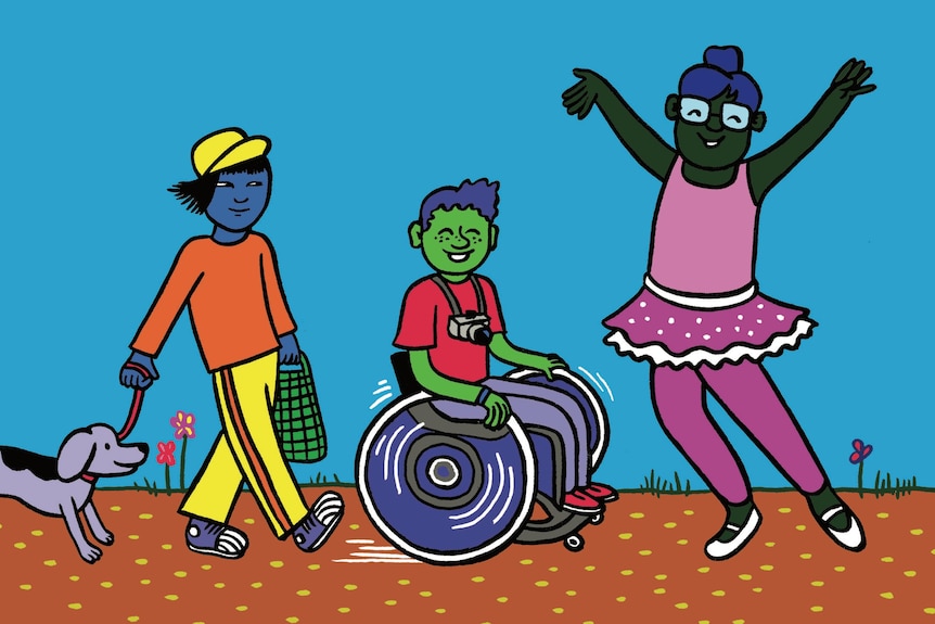 Colourful cartoon image of three children smiling. One is walking, one dancing and one wheeling their wheelchair.