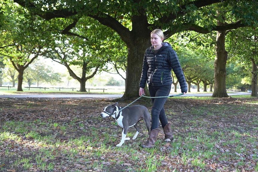 A young woman walks her dog in the park