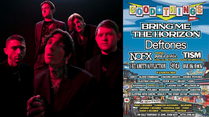 A collage of the Good Things 2022 festival poster and headliners Bring Me The Horizon
