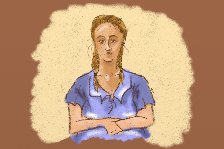 A sketch of a woman with long dark hair appearing in court via videolink.