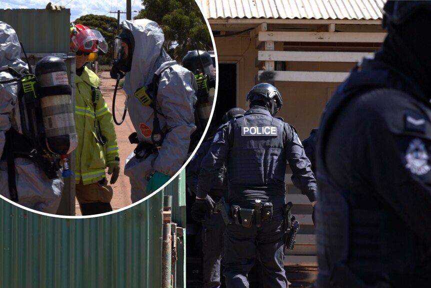 Police in tactical gear and emergency services personnel in hazmat suits during a raid where dangerous chemicals were found.  