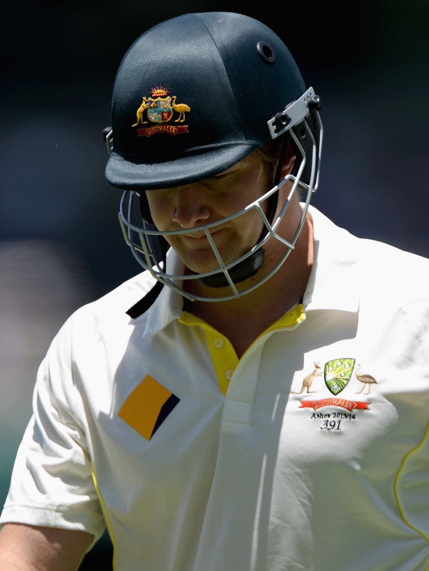 Shane Watson of Australia leaves the field after being dismissed by Stuart Broad